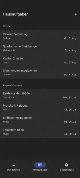Hausaufgaben mit Abgabetermin, abgehakt wenn erledigt