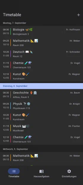 Die laufende Woche, mit Räumen und Lehrern