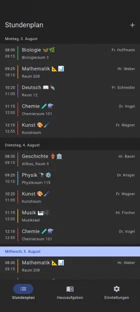 Die laufende Woche, mit Räumen und Lehrern