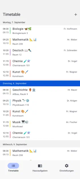 Die laufende Woche, mit Räumen und Lehrern