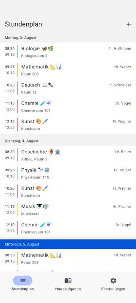 Die laufende Woche, mit Räumen und Lehrern
