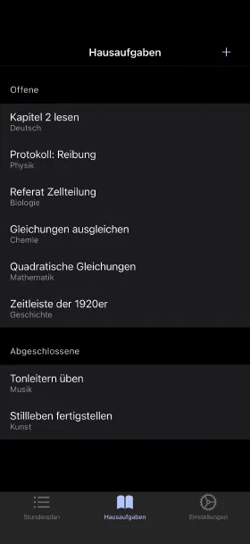 Hausaufgaben mit Abgabetermin, abgehakt wenn erledigt