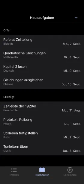 Hausaufgaben mit Abgabetermin, abgehakt wenn erledigt