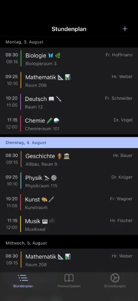 Die laufende Woche, mit Räumen und Lehrern