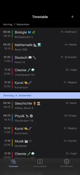 Die laufende Woche, mit Räumen und Lehrern