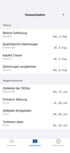 Hausaufgaben mit Abgabetermin, abgehakt wenn erledigt