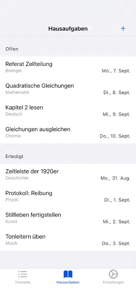 Hausaufgaben mit Abgabetermin, abgehakt wenn erledigt