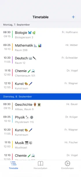 Die laufende Woche, mit Räumen und Lehrern