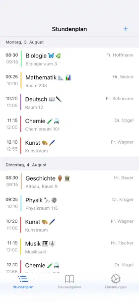 Die laufende Woche, mit Räumen und Lehrern