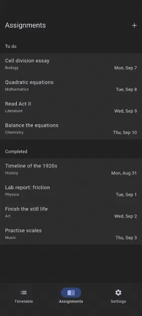 Homework with due dates, ticked off when it's done