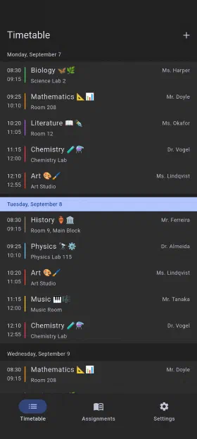 The week you're in, with rooms and teachers