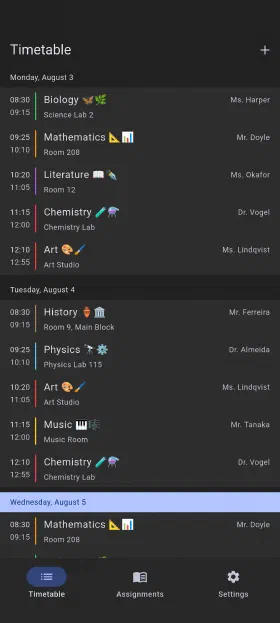 The week you're in, with rooms and teachers