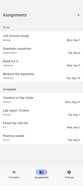 Homework with due dates, ticked off when it's done