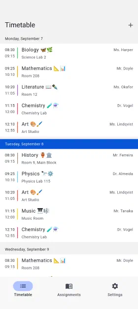 The week you're in, with rooms and teachers