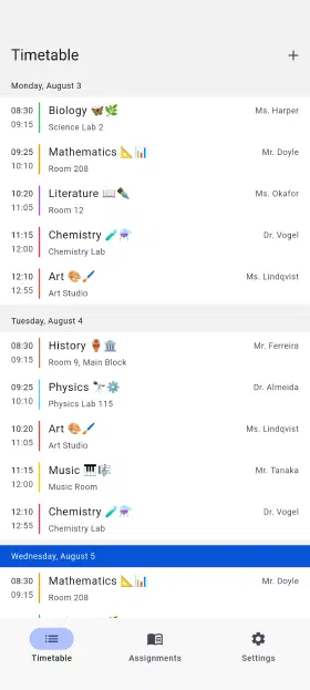 The week you're in, with rooms and teachers