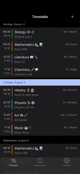 The week you're in, with rooms and teachers