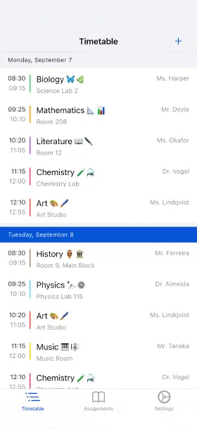 The week you're in, with rooms and teachers