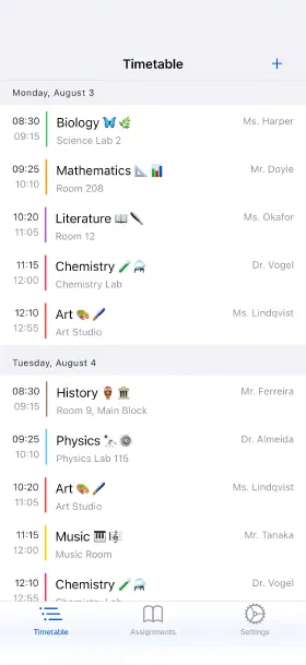 The week you're in, with rooms and teachers