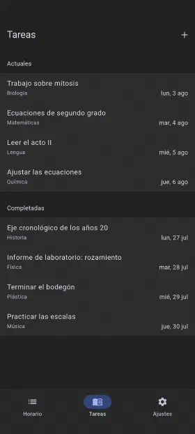 Tareas con fecha de entrega, marcadas al terminarlas