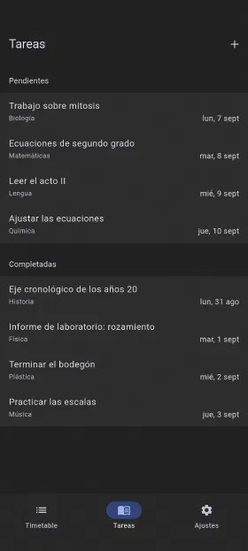 Tareas con fecha de entrega, marcadas al terminarlas