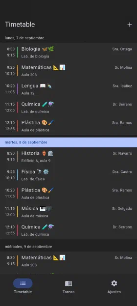 La semana en curso, con aulas y profesores