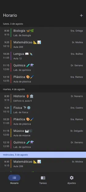 La semana en curso, con aulas y profesores