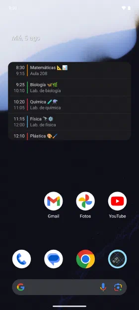 Las clases de hoy en la pantalla de inicio, sin abrir la app