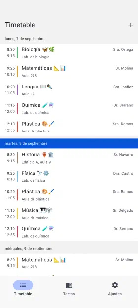 La semana en curso, con aulas y profesores