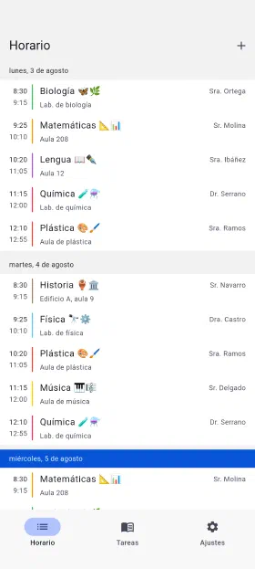 La semana en curso, con aulas y profesores