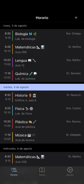 La semana en curso, con aulas y profesores