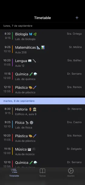 La semana en curso, con aulas y profesores