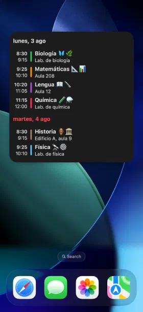 Las clases de hoy en la pantalla de inicio, sin abrir la app