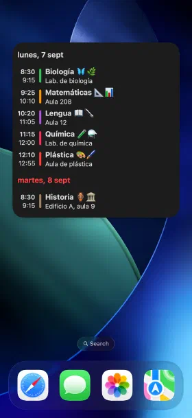 Las clases de hoy en la pantalla de inicio, sin abrir la app