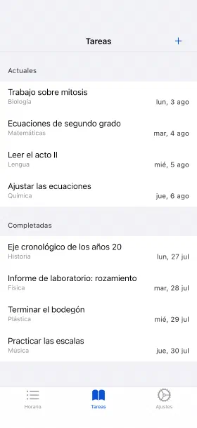 Tareas con fecha de entrega, marcadas al terminarlas