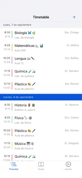 La semana en curso, con aulas y profesores