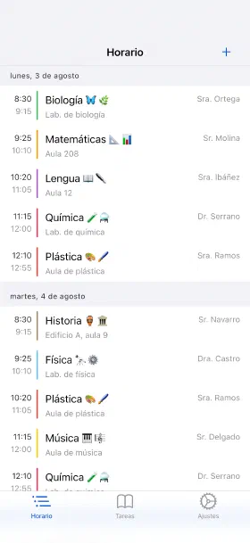 La semana en curso, con aulas y profesores