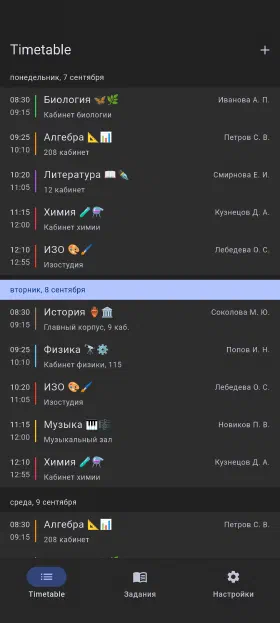 Текущая неделя с аудиториями и преподавателями