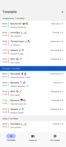 Текущая неделя с аудиториями и преподавателями