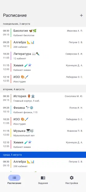 Текущая неделя с аудиториями и преподавателями