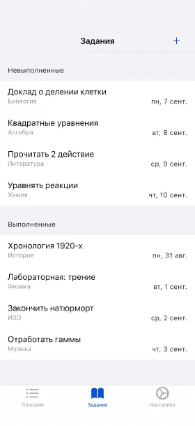 Домашние задания со сроками и отметкой о выполнении