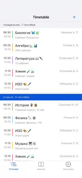 Текущая неделя с аудиториями и преподавателями