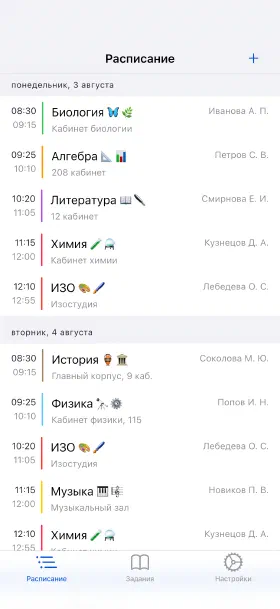 Текущая неделя с аудиториями и преподавателями